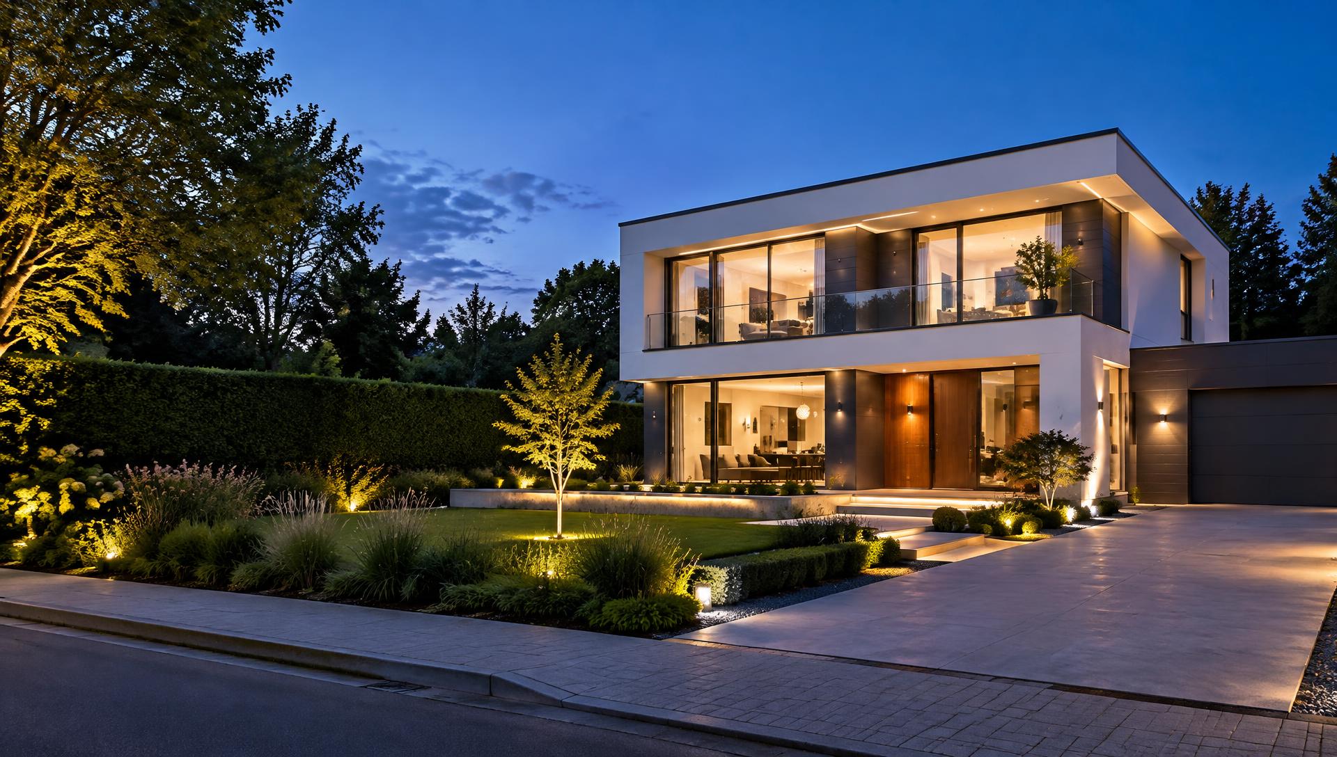 Symbolbild: modernes Wohnhaus mit sorgfältig geplanter Innen- und Außenbeleuchtung
